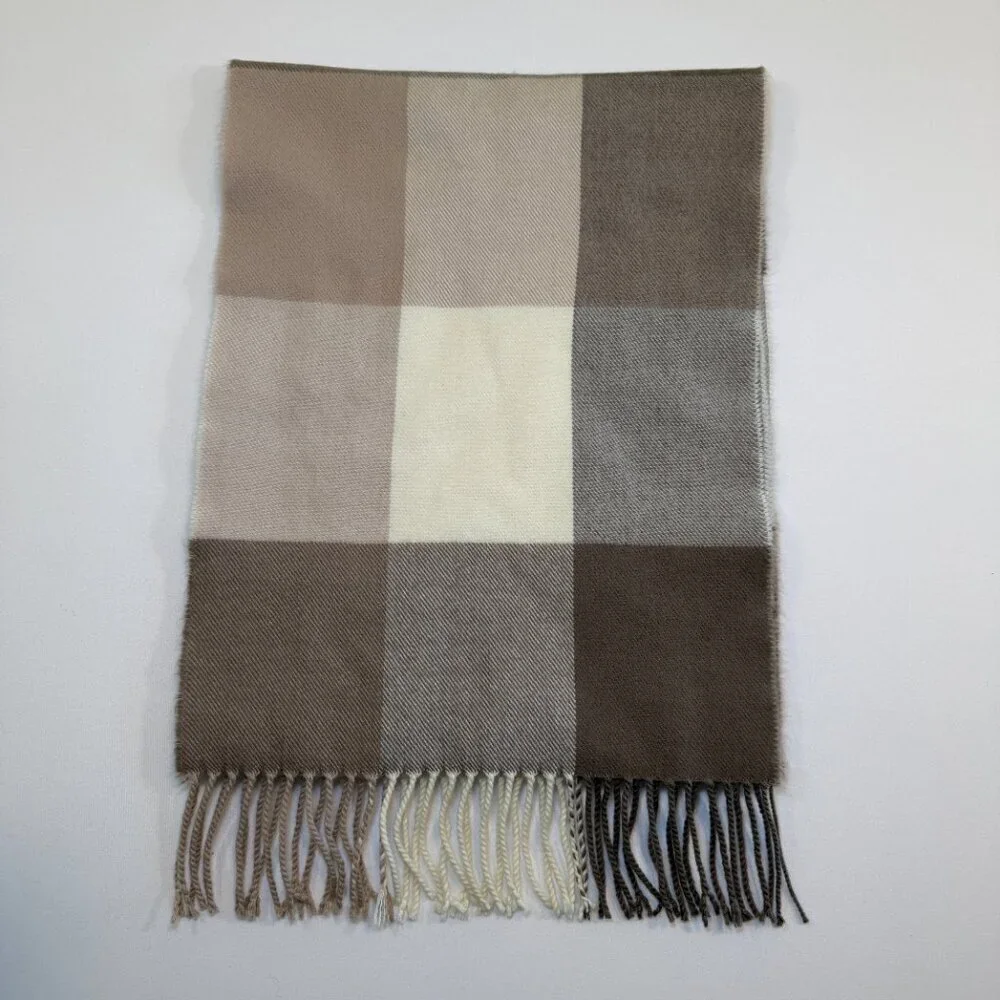 100% Cashmere Wool Tan Brown Plaid Fringe Scarf Muffler
